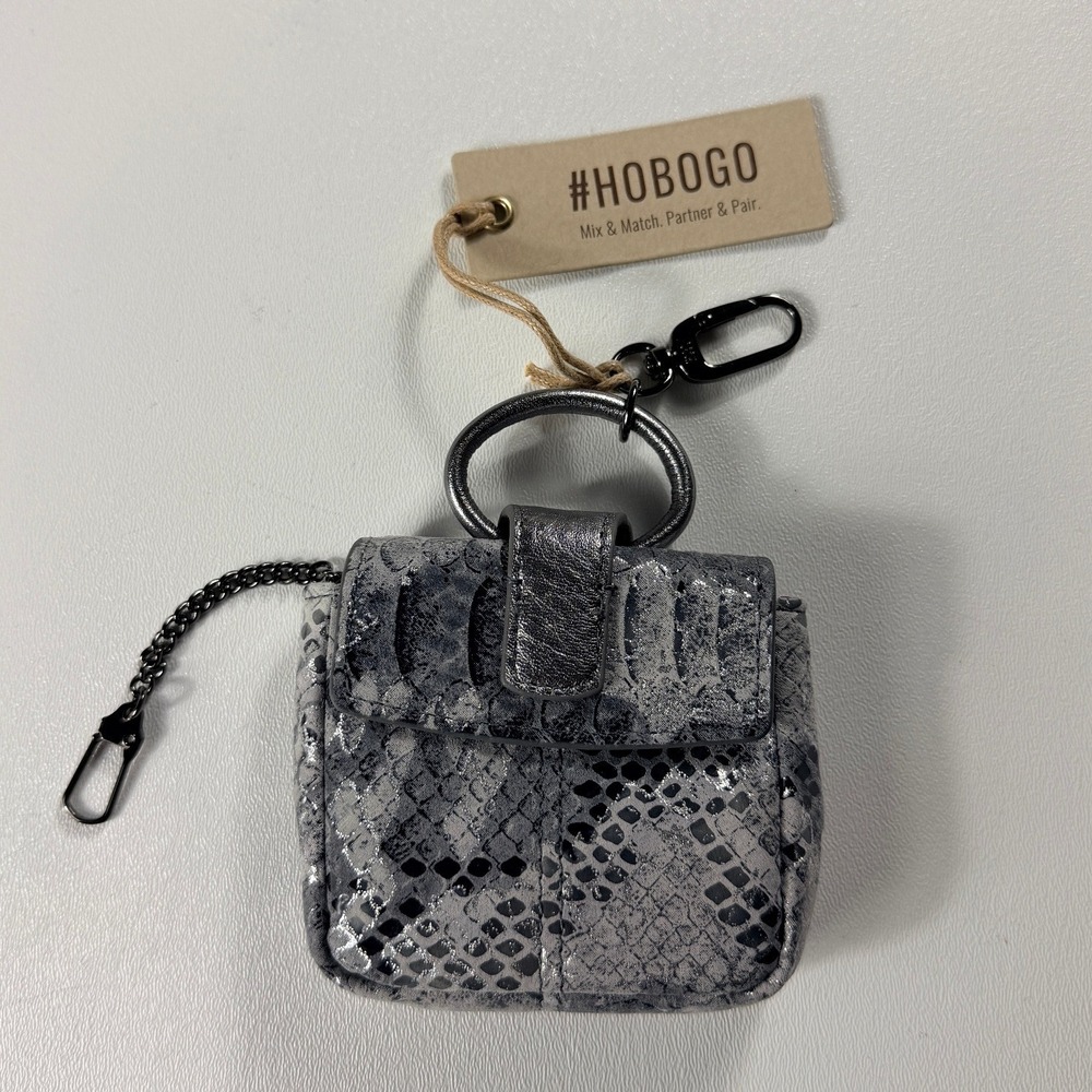 Hobo Silver Snakeskin Leather Mini‎ Bag Charm Pouch O-Ring Handle New
